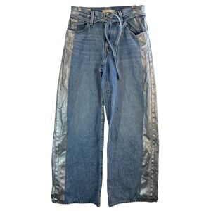 Levi's XL Straight Jeans 26 Silver Metallic Side Panel Belted High Rise Denim